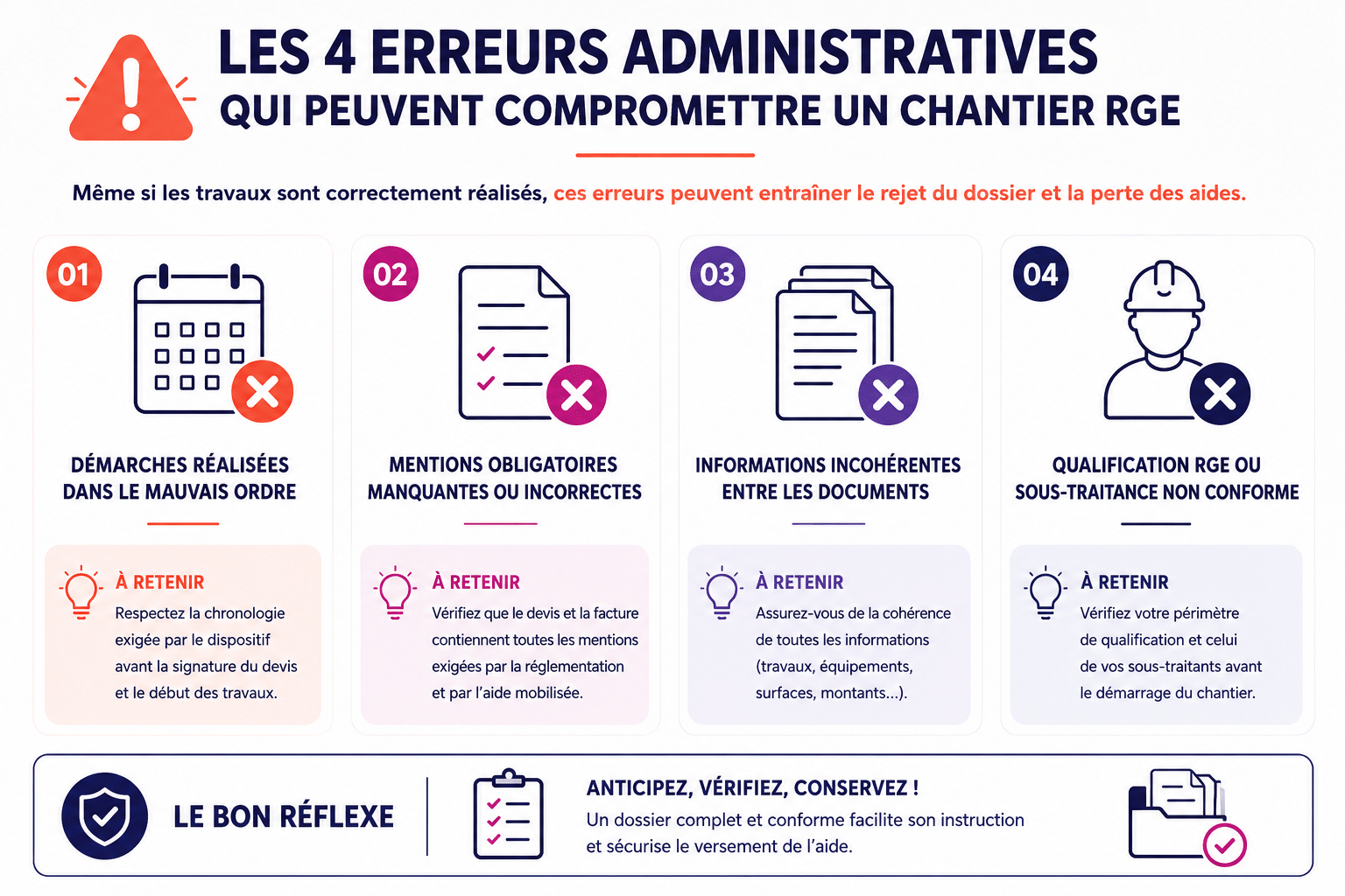 Infographie présentant les 4 erreurs administratives pouvant compromettre un chantier RGE : chronologie des démarches, mentions obligatoires, cohérence des documents et qualification RGE.