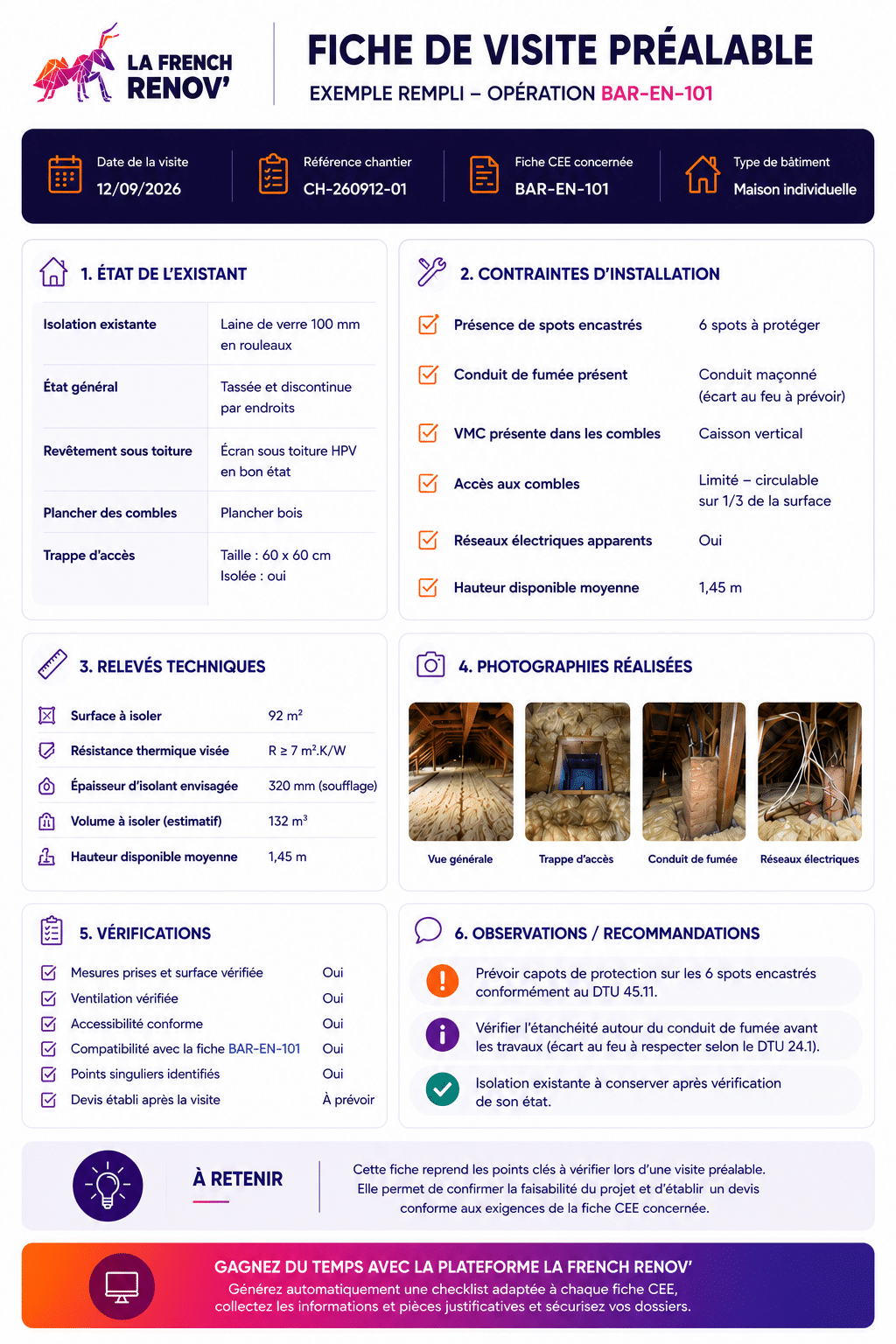 Exemple de fiche de visite préalable CEE remplie présentant les vérifications techniques réalisées avant l'établissement du devis.