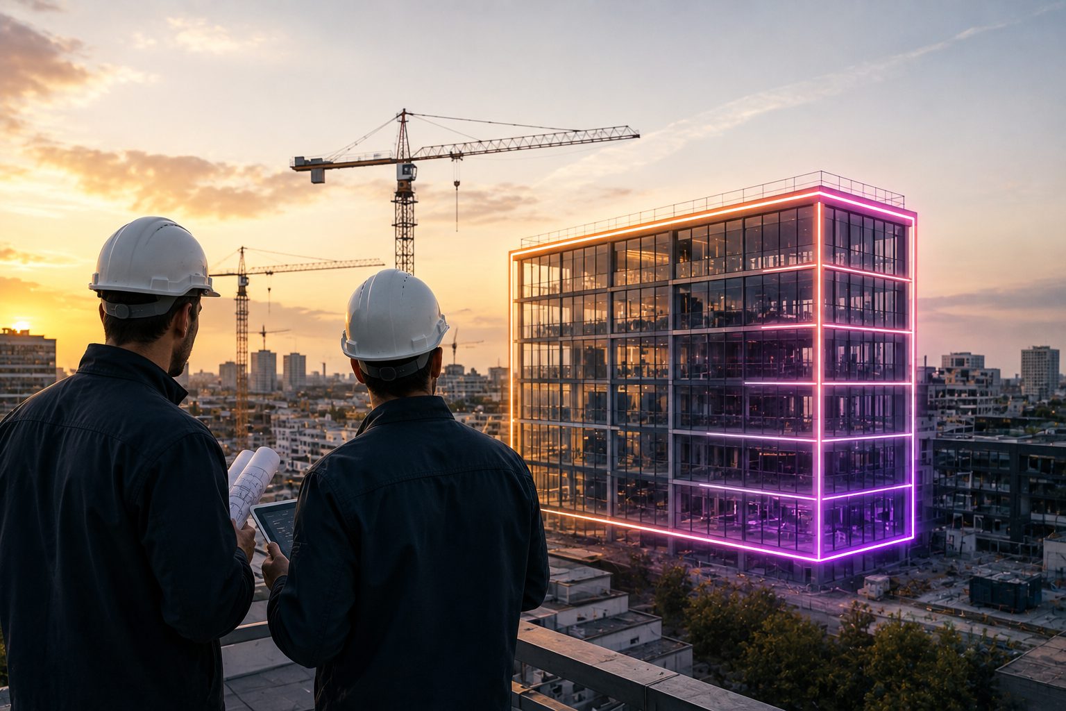 Deux hommes regardent un chantier de rénovation énergétique sur un bâtiment tertiaire, dans le cadre d'un chantier de valorisation de CEE pour profesionnels