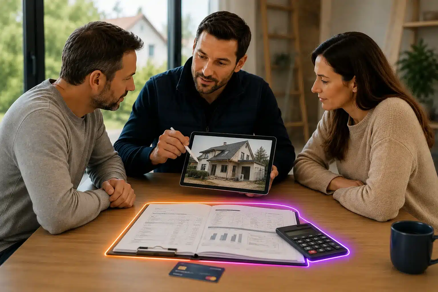 Professionnel présentant des solutions pour financer le chantier de rénovation de ses clients