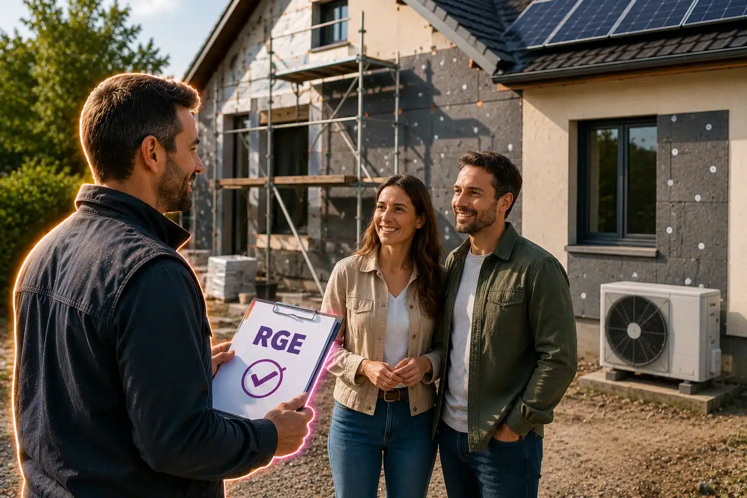 Professionnel RGE présentant son expertise à des clients lors d’un projet de rénovation énergétique