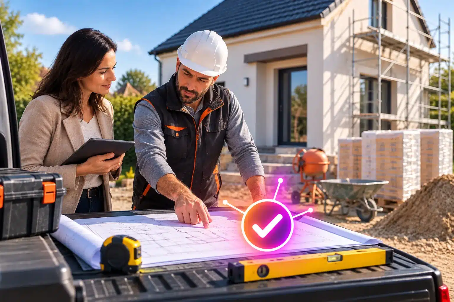 Professionnels du bâtiment vérifiant les éléments nécessaires avant de débuter un chantier RGE