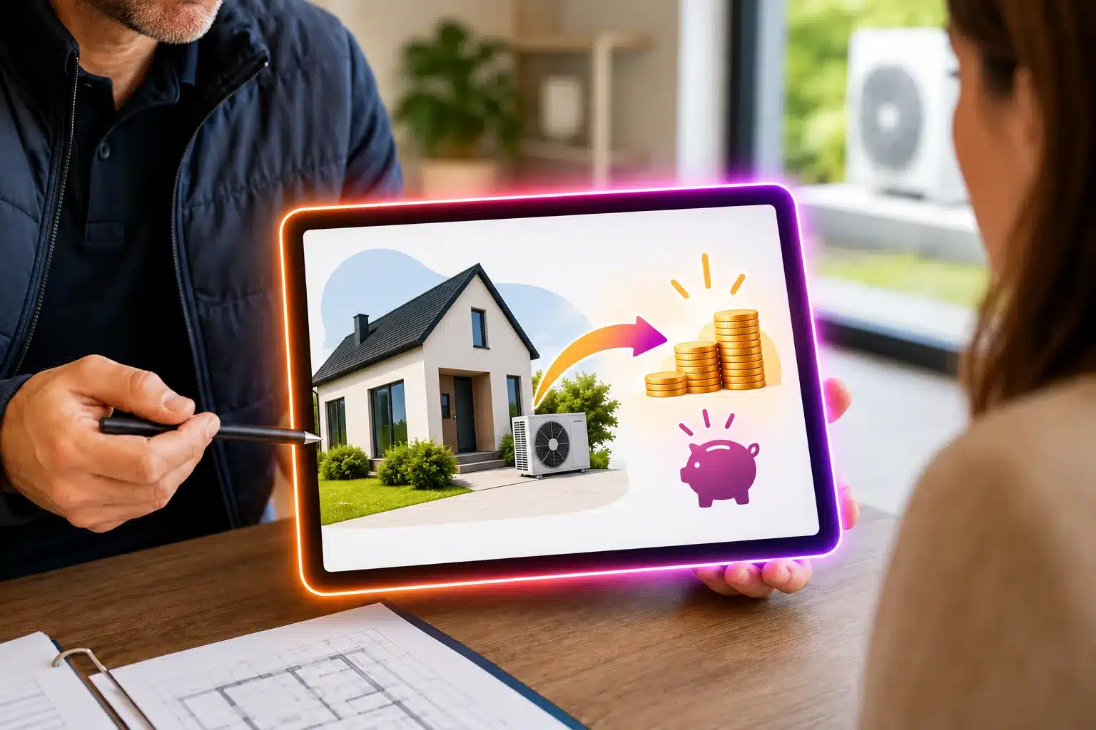 Professionnel présentant une prime CEE à un client pour financer ses travaux