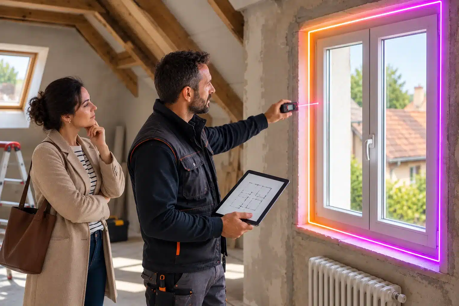 Professionnel réalisant une visite préalable avant des travaux de rénovation énergétique